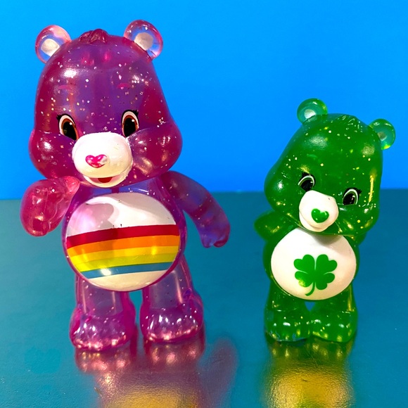 GLITTER CARE BEARS GOOD LUCK BEAR SHAMROCK & CHEER BEAR w/RAINBOW & MOVABLE ARMS - Picture 2 of 9